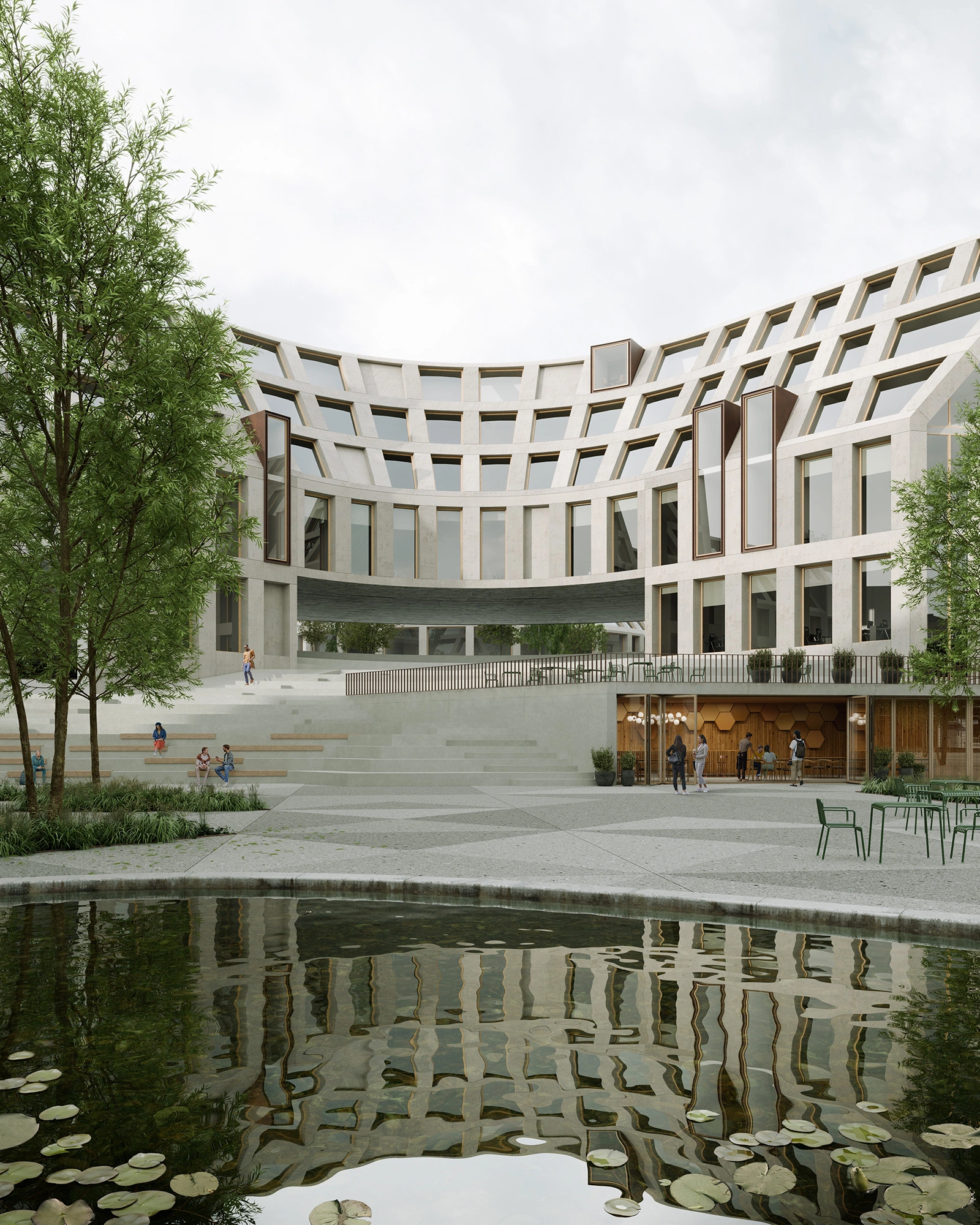 Courtyard at The Dual Square in Brest, a curved stone-framed facade above steps and a pond.
